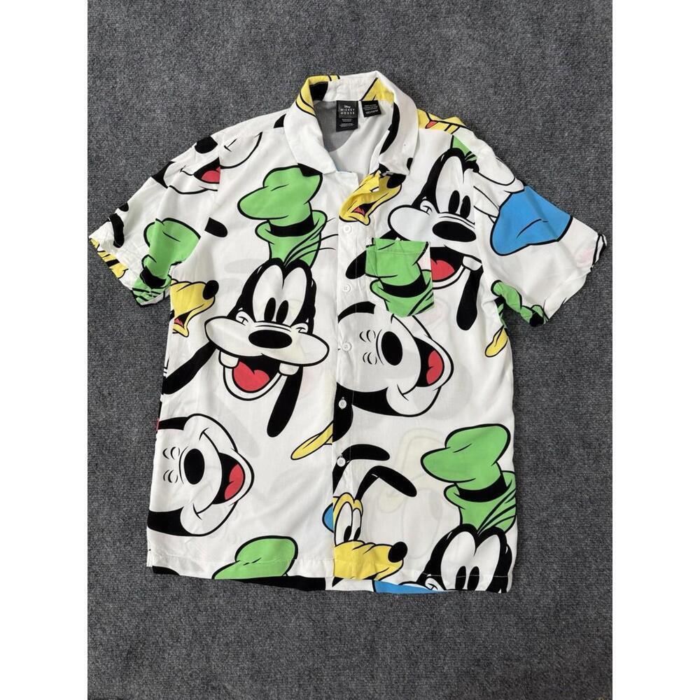 Disney Mickey Mouse Goofy Pluto Print Short Sleeve Button Up Shirt Men’s Size M